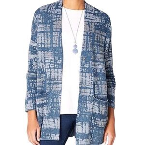 J. Jill Pure Jill Indigo Blue/Grey Knit Abstract Snap Front Cardigan PS